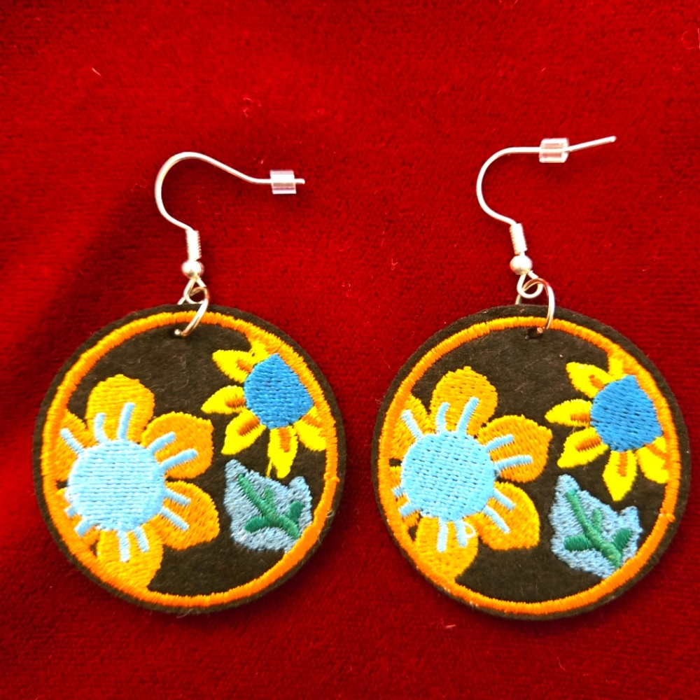 Floral Embroidered Earrings - Black, Orange, Blue